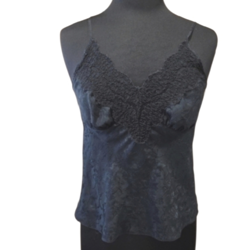 Vintage 90s Black Lace Camisole Coquette Girl Spaghetti Strap Tank Top Small?